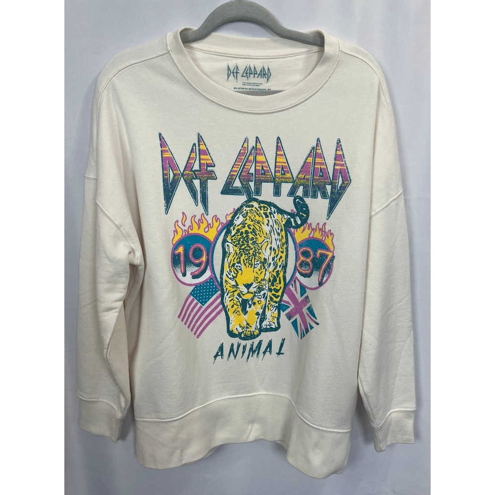 Def Leppard Animal Graphic Sweatshirt Cream 1987 Hysteria Rock Band Medium